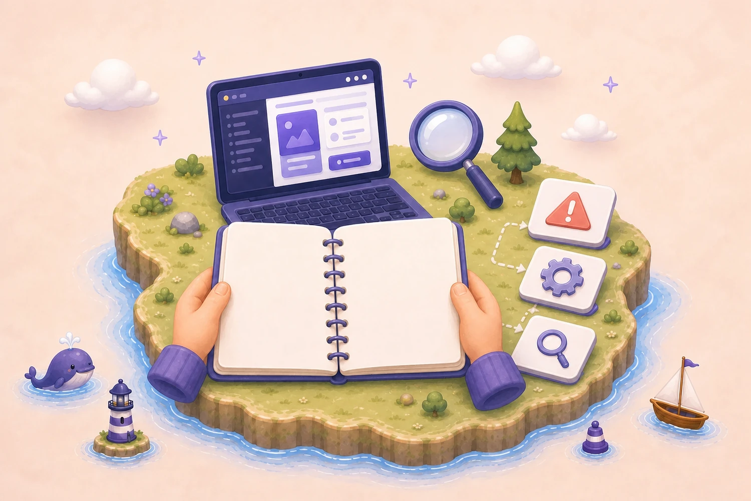 Mains ouvrant un carnet de notes sur un bureau clair