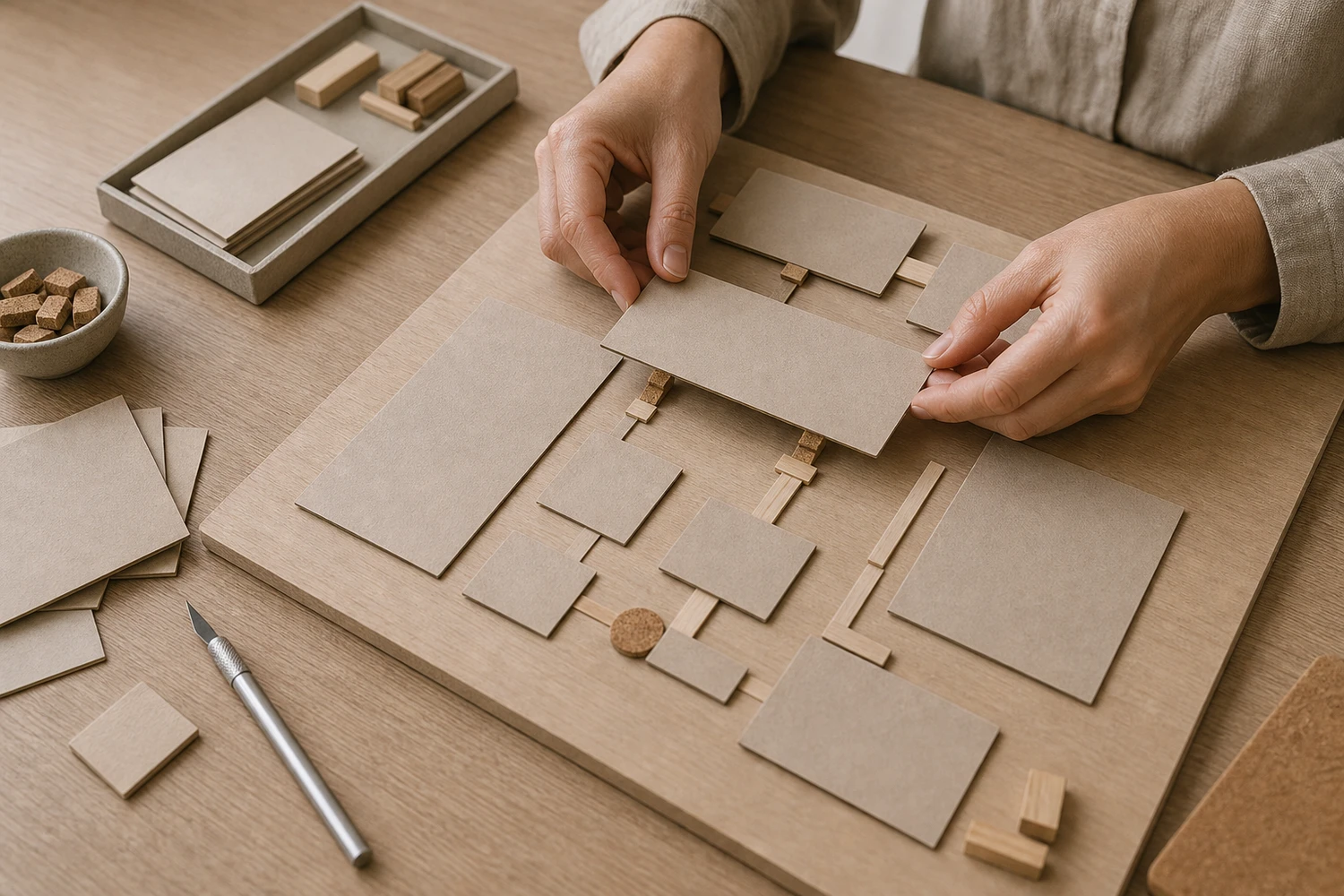 Blocs de bois modulaires déplacés sur un bureau