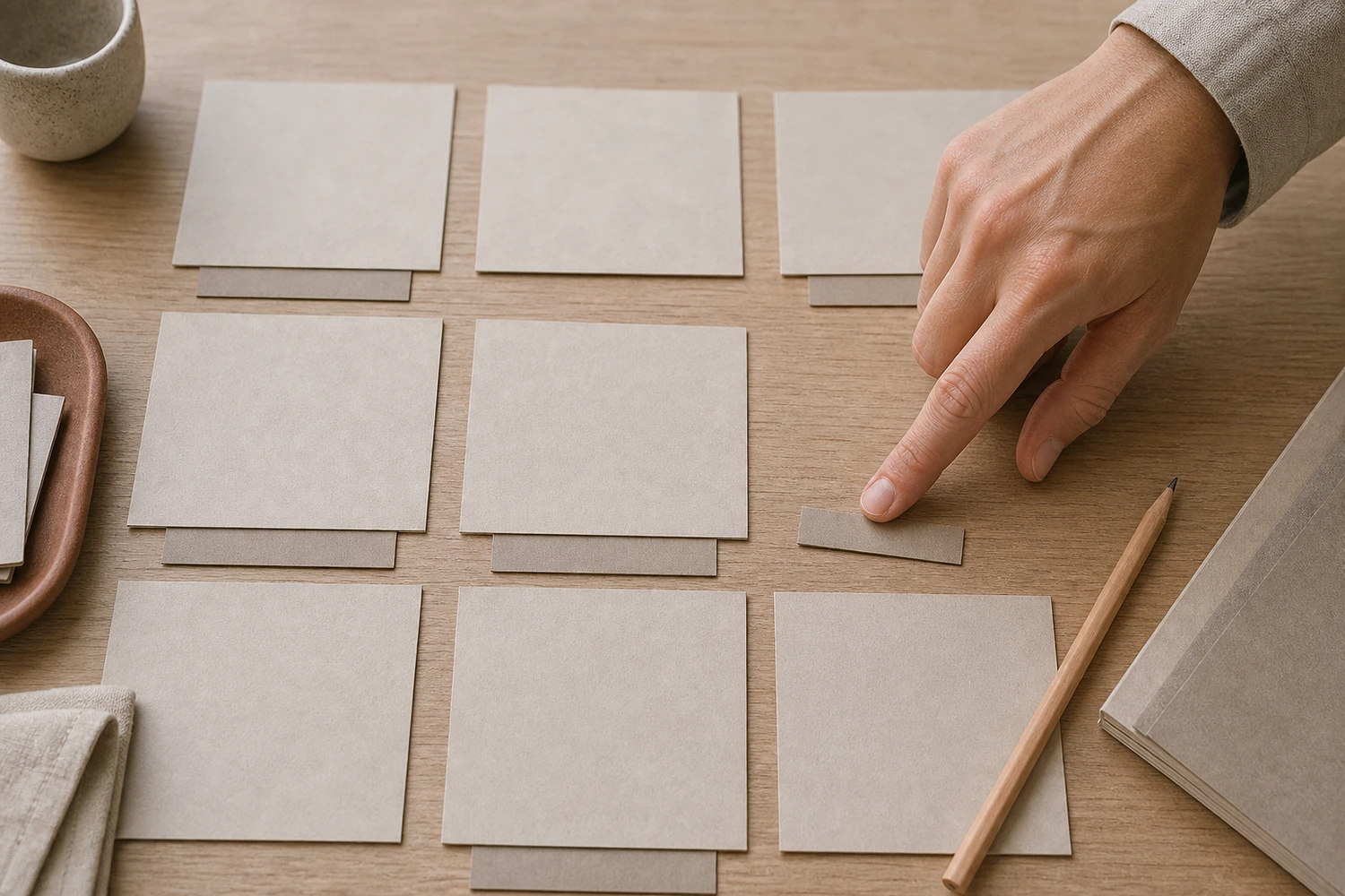 Main isolant une feuille dans une pile de papiers de projet