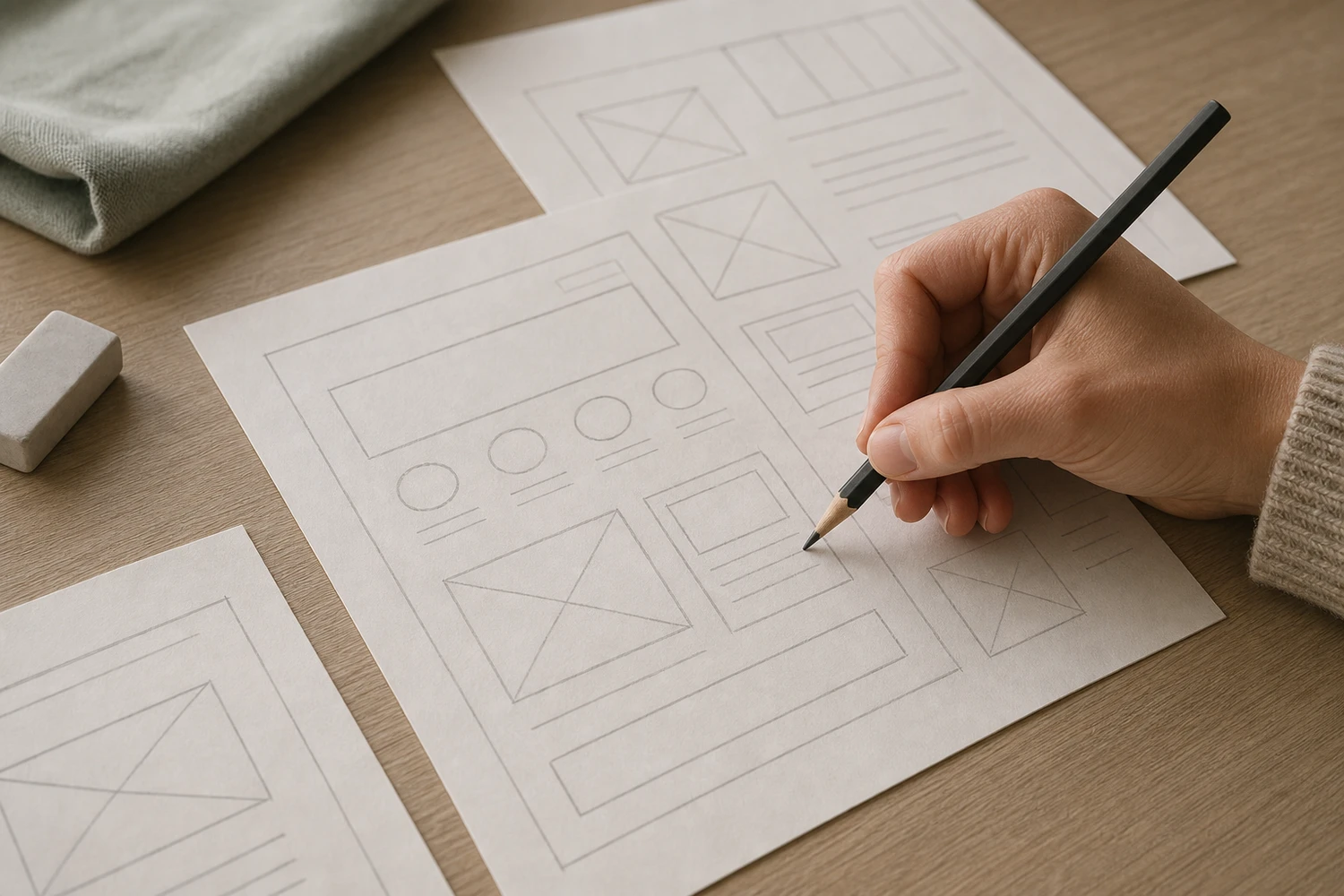 Feuilles de wireframes au crayon avec une gomme